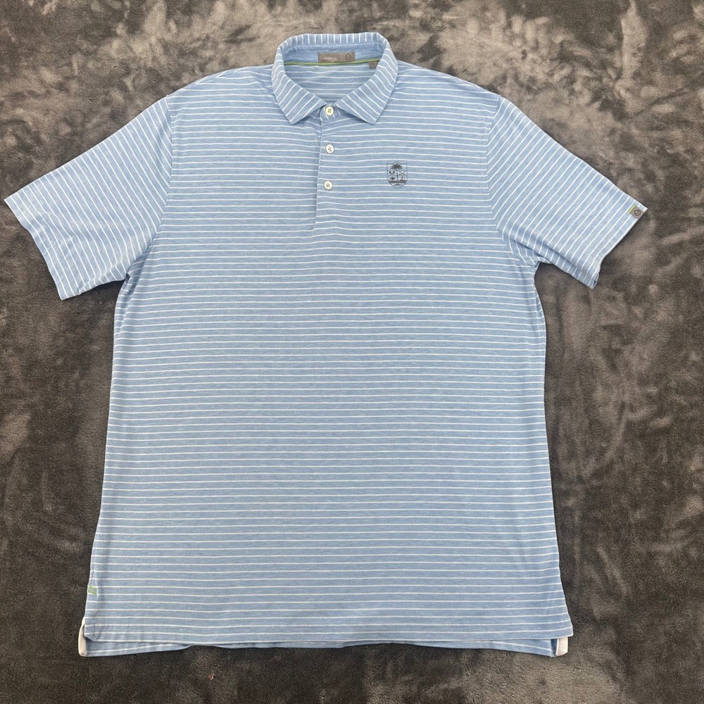 tasc Performance Mens Blue White Striped Polo Shirt Large Palm Tree Crest Logo - Picture 2 of 8